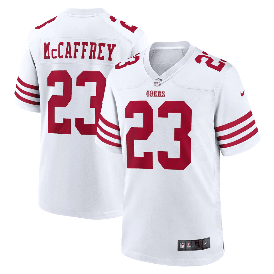 Men's San Francisco 49ers #23 Christian McCaffrey 2022 White Stitched Football Game Jersey Men's San Francisco 49ers #23 Christian McCaffrey 2022 White Stitched Football Game Jersey